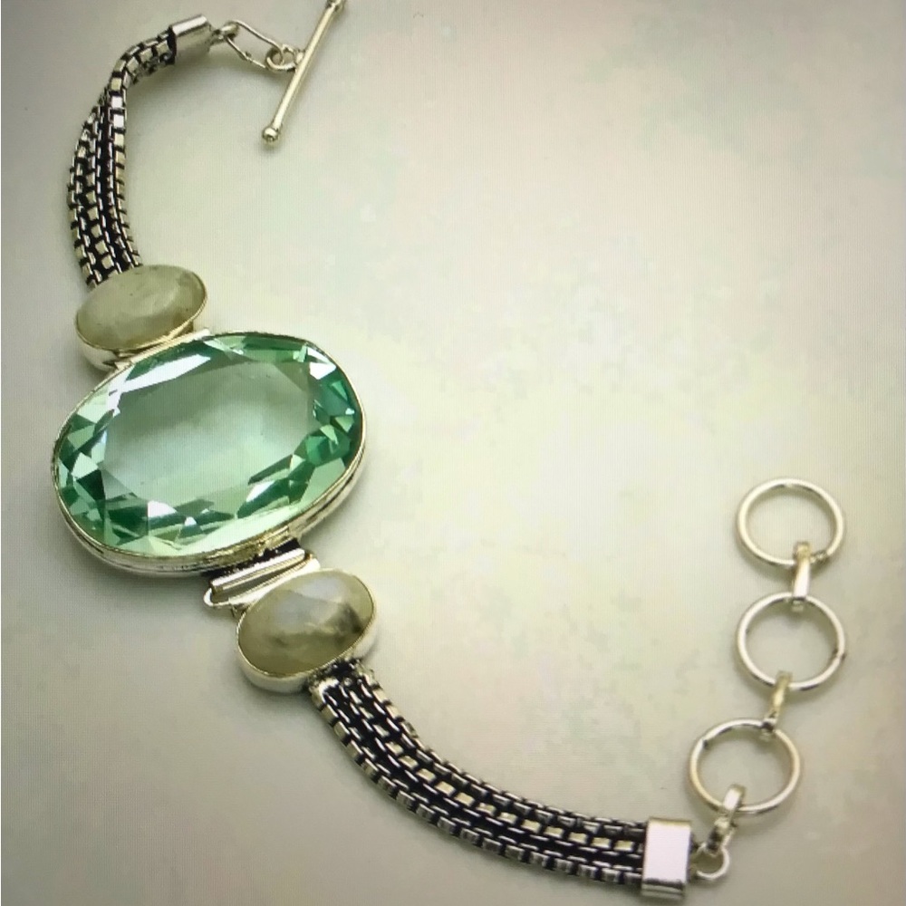 Aquamarine Moonstone Stamped 925 Sterling Silver Bracelet